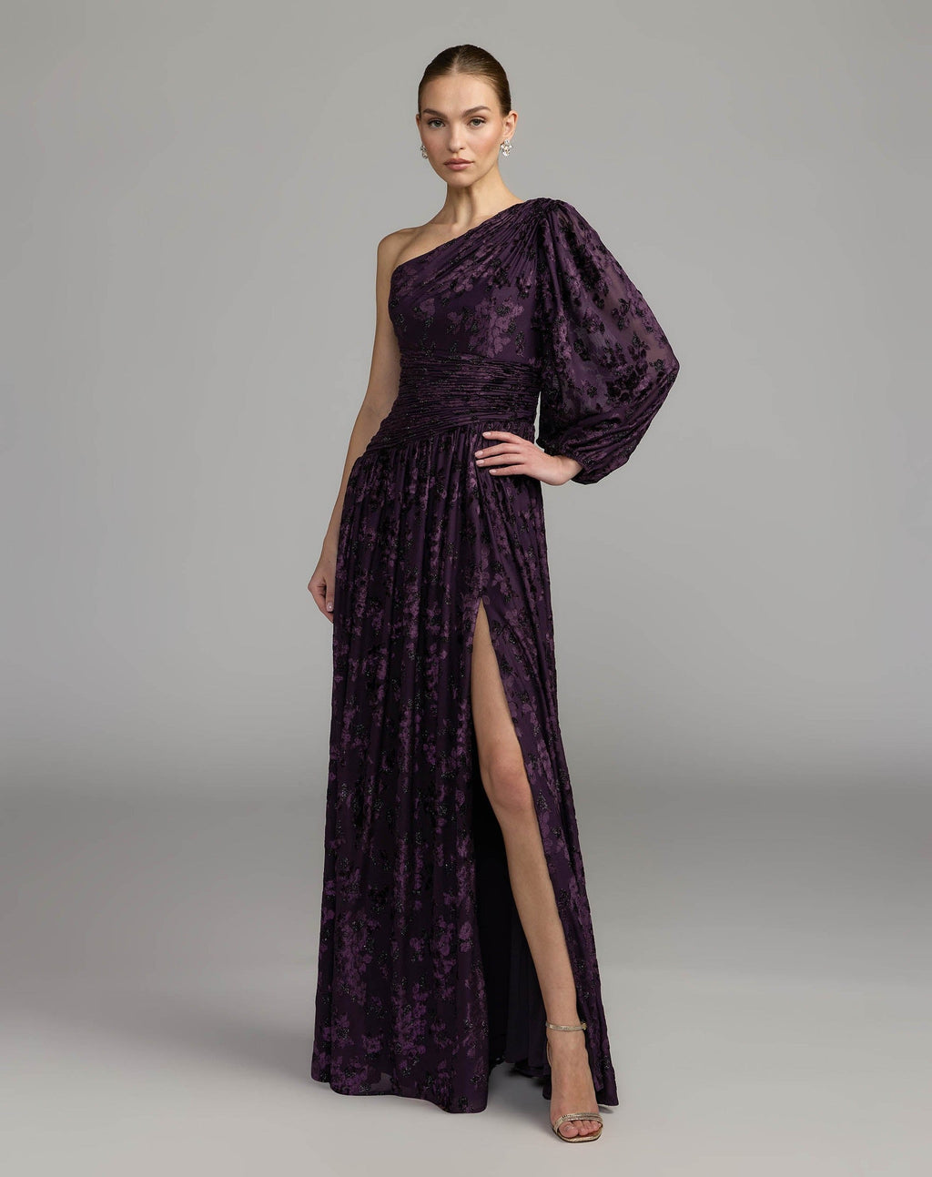 Amethyst One Shoulder Long Sleeve Burnout Velvet Gown