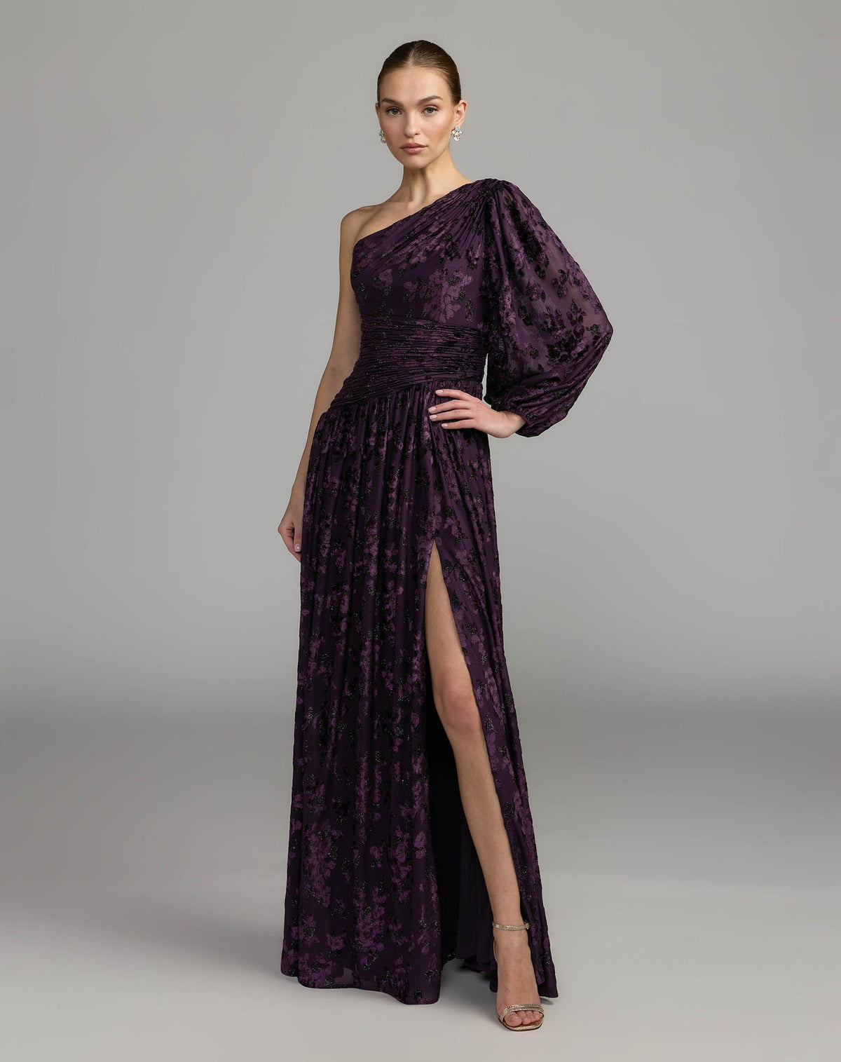 Amethyst One Shoulder Long Sleeve Burnout Velvet Gown