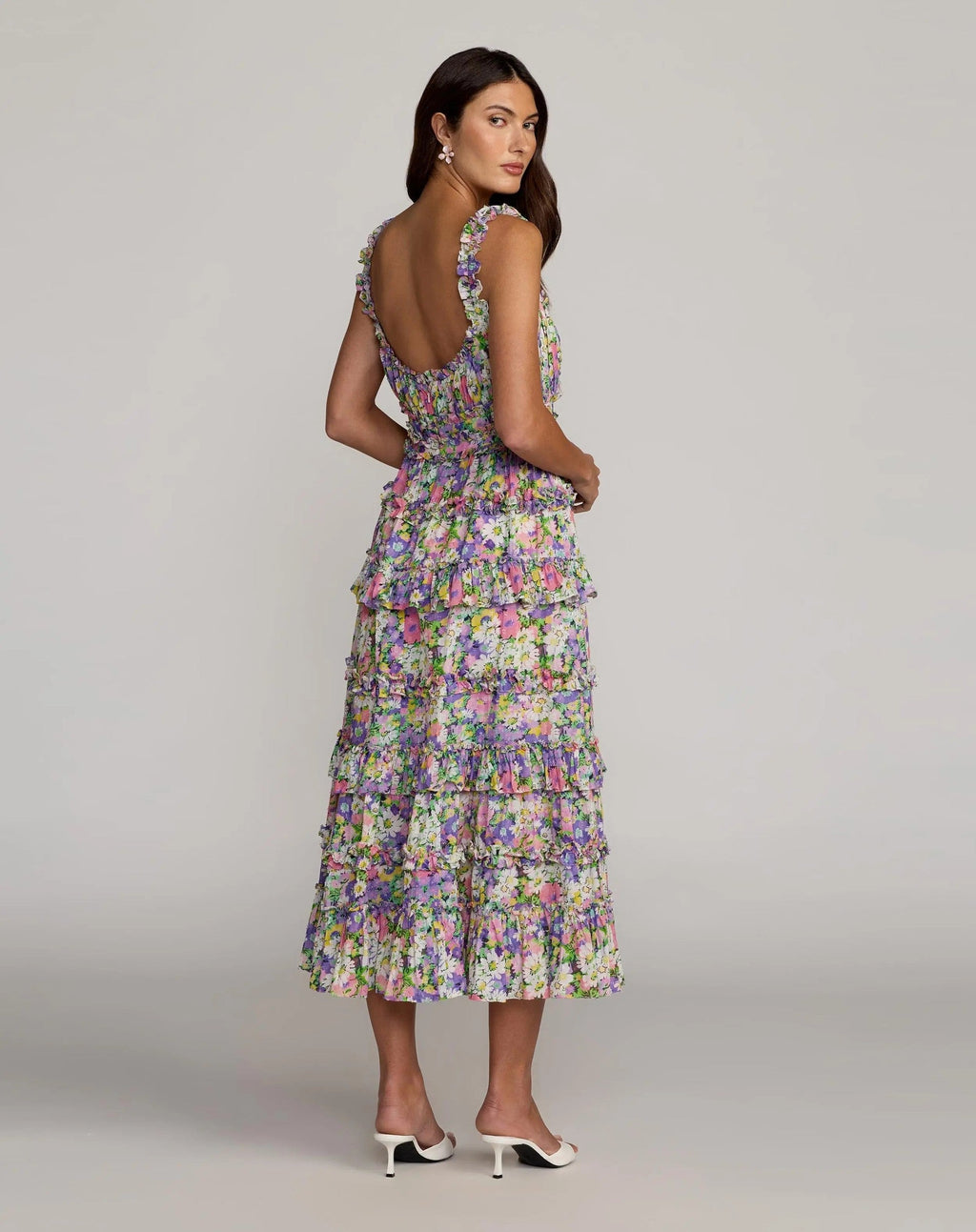 Multicolor Floral Tiered Cotton Midi Dress