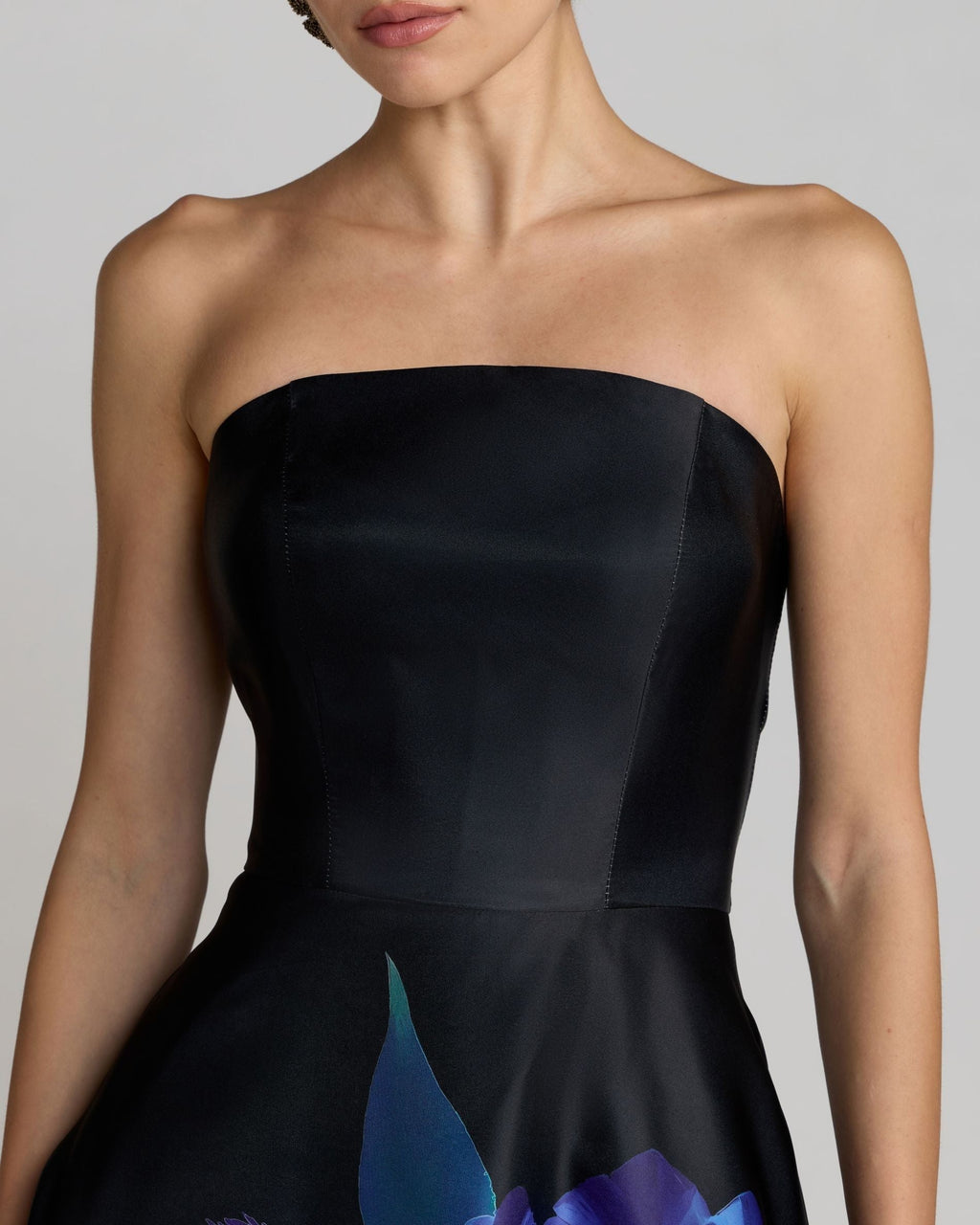 Black Multi Strapless Satin Midi Dress With Flower Print