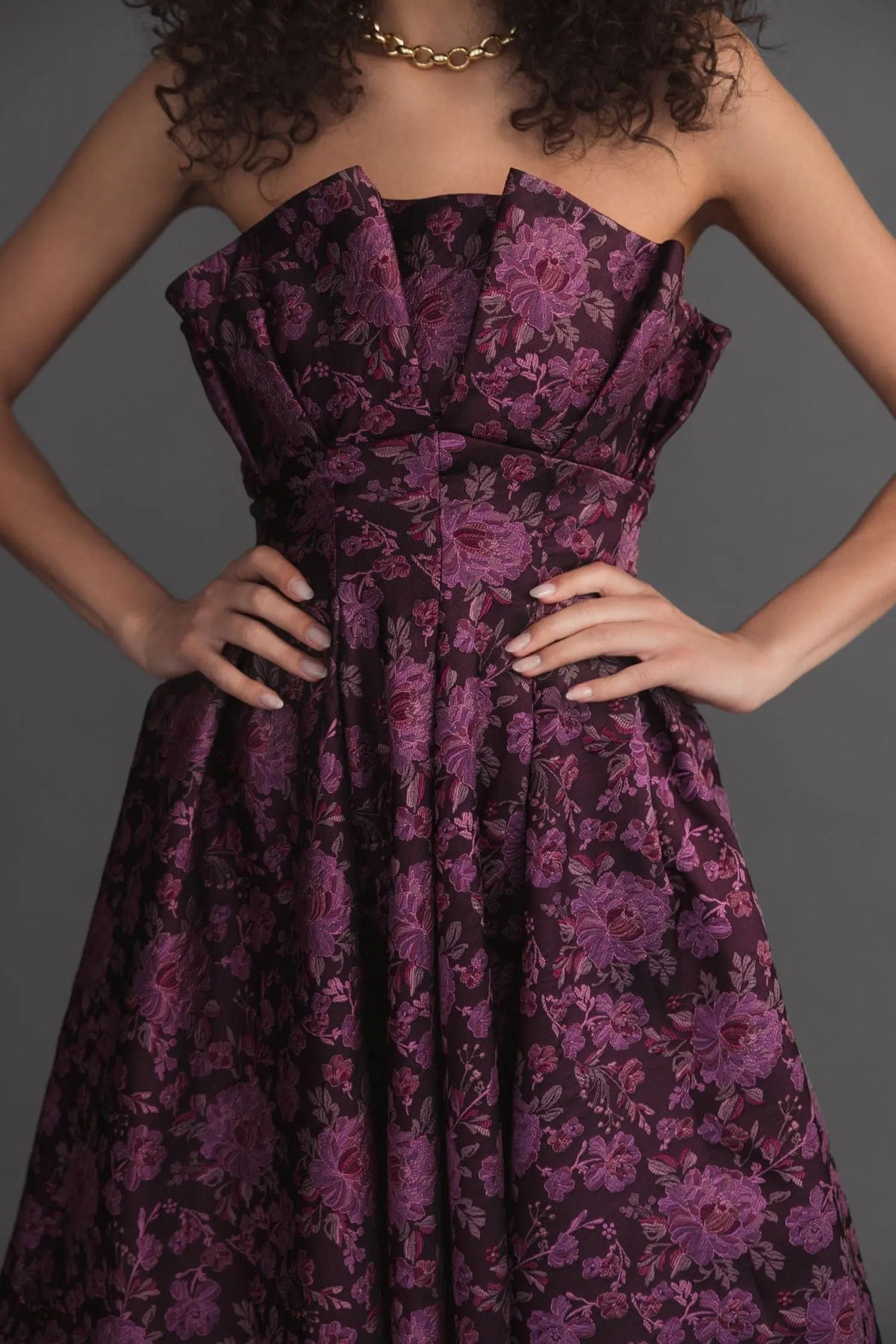 Purple Strapless Floral Brocade A-line Midi Dress