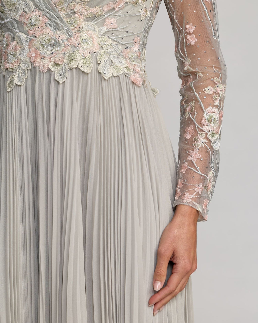 Gray Long Sleeve Embroidered Chiffon A-Line Gown