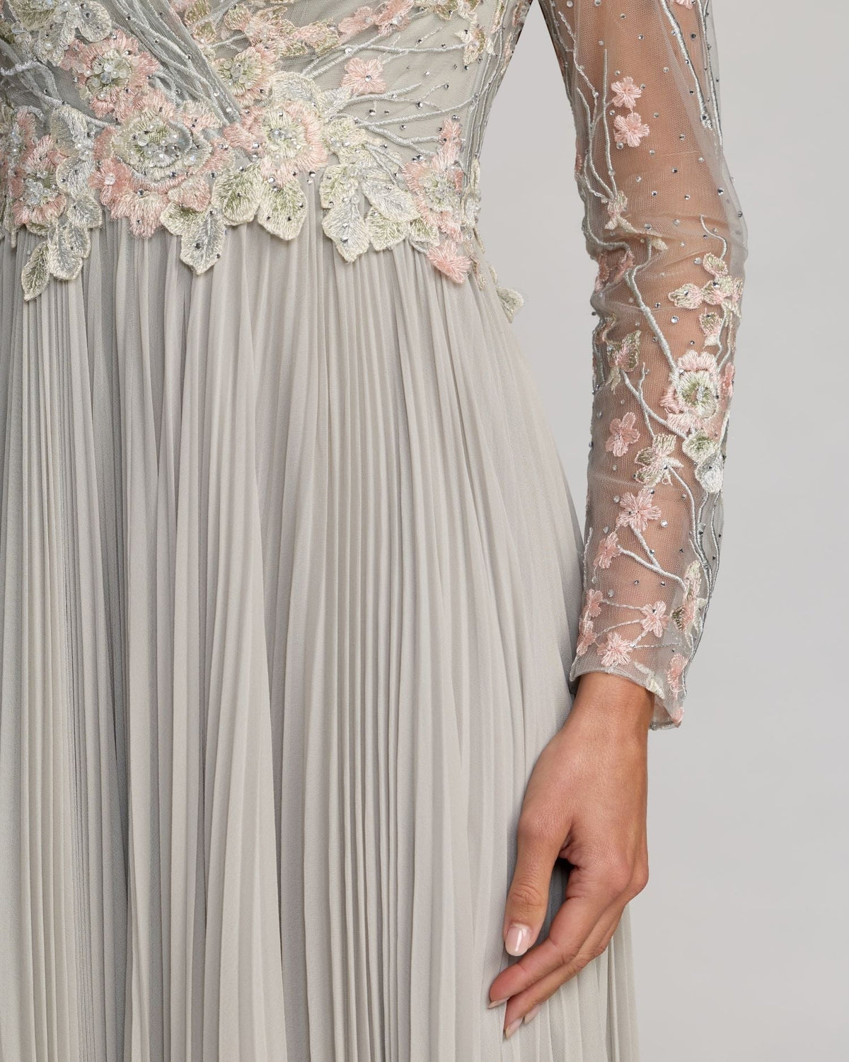 Gray Long Sleeve Embroidered Chiffon A-Line Gown
