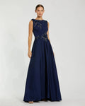 Midnight Floral Applique Sleeveless A-Line Gown