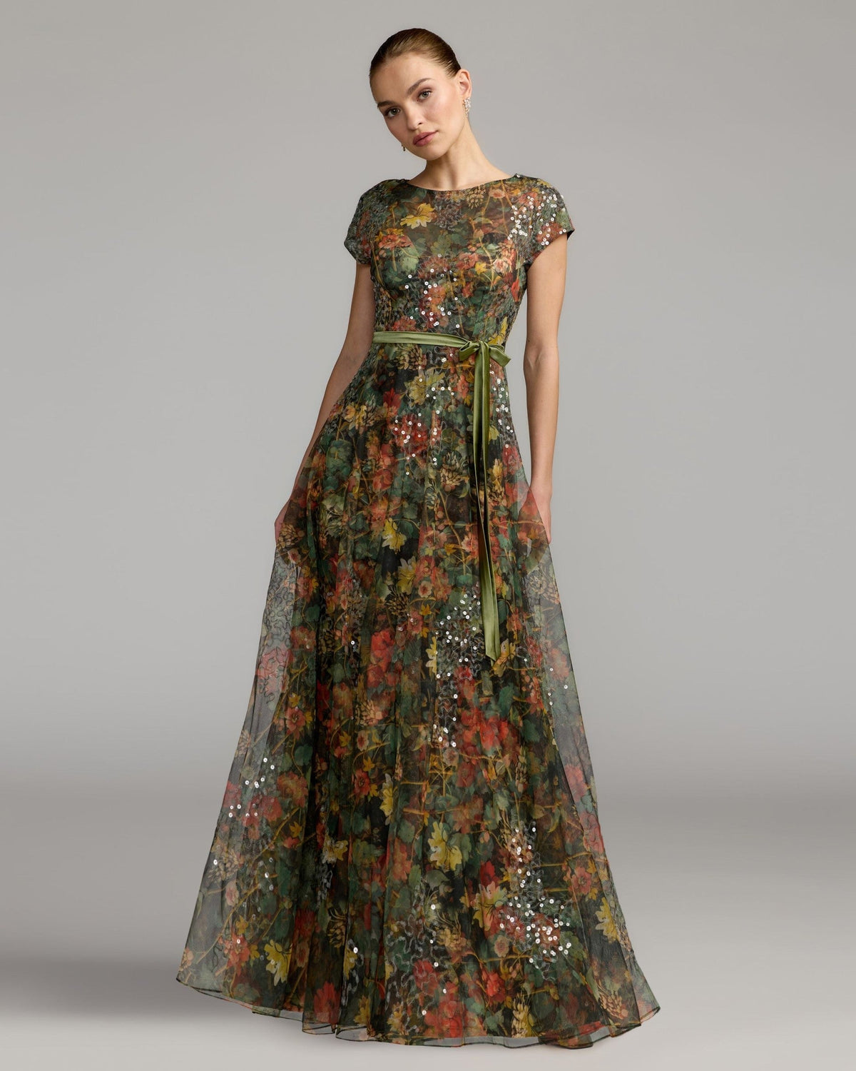 Petite Charcoal Multi Floral Cap Sleeve A-Line Gown