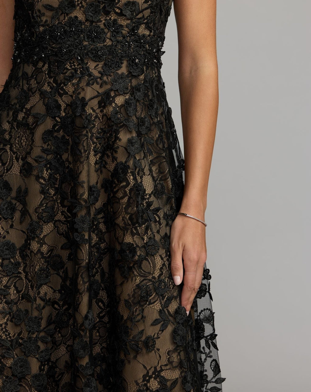 Petite Black Nude Floral Embroidered High Neck Midi Dress