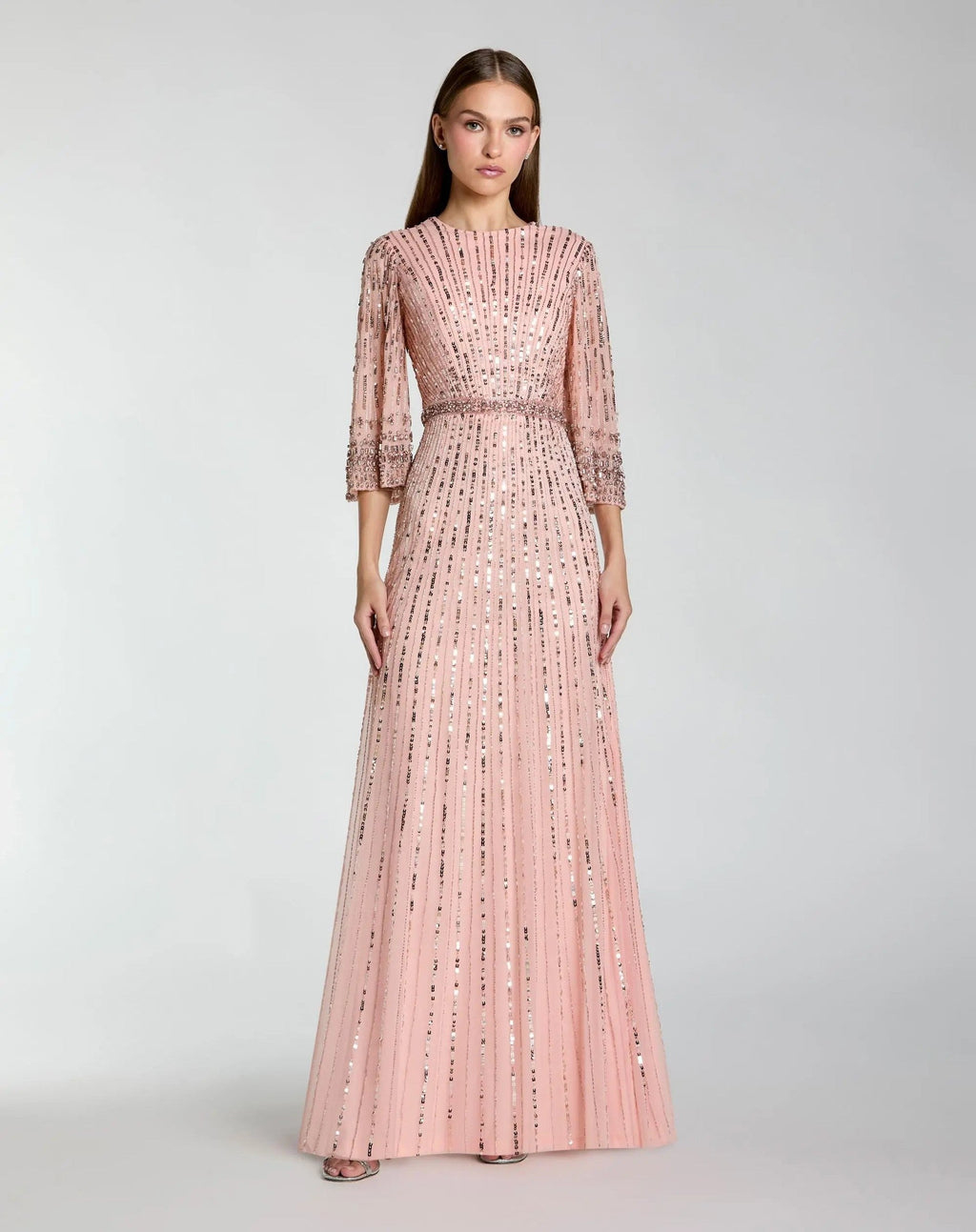 Rose High Neck Embellished Gown With 3/4 Sleeves