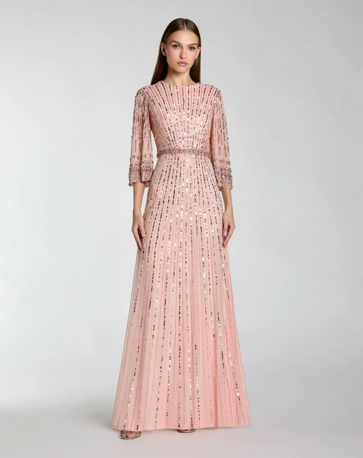 Rose High Neck Embellished Gown With 3/4 Sleeves