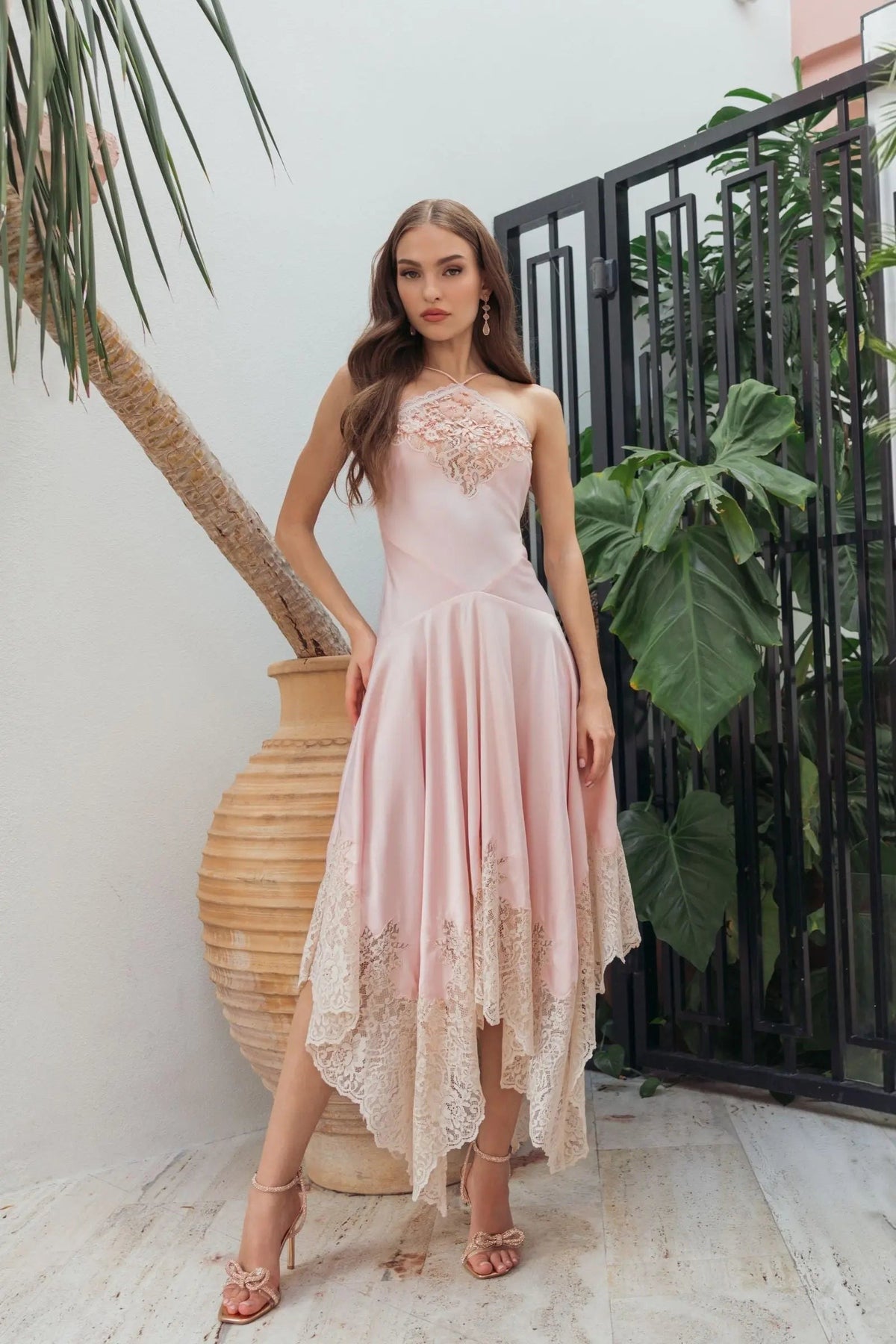 Ballet Slipper Lace Trim Handkerchief Midi Dress