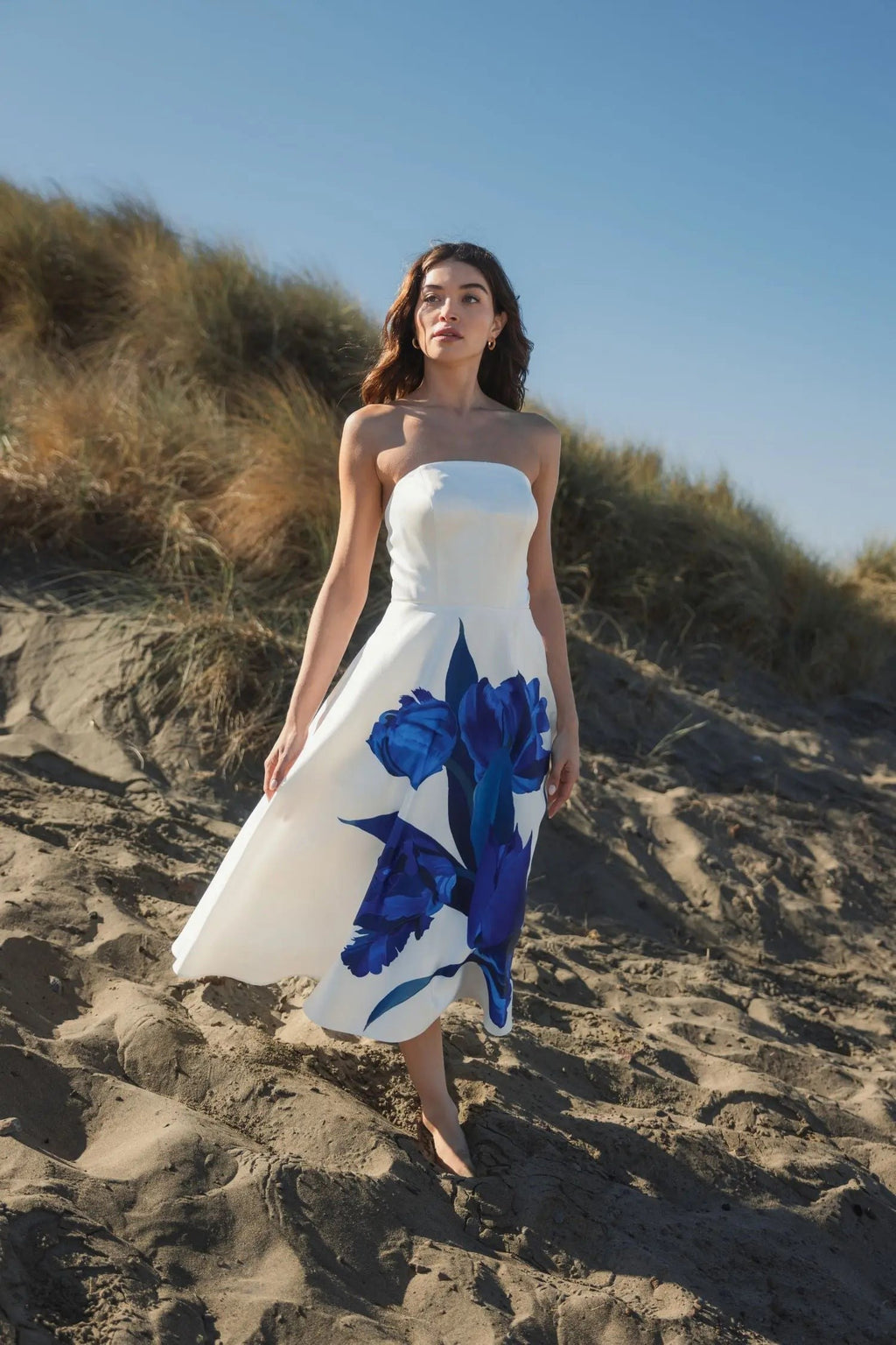 White Strapless Satin Midi Dress With Flower Print