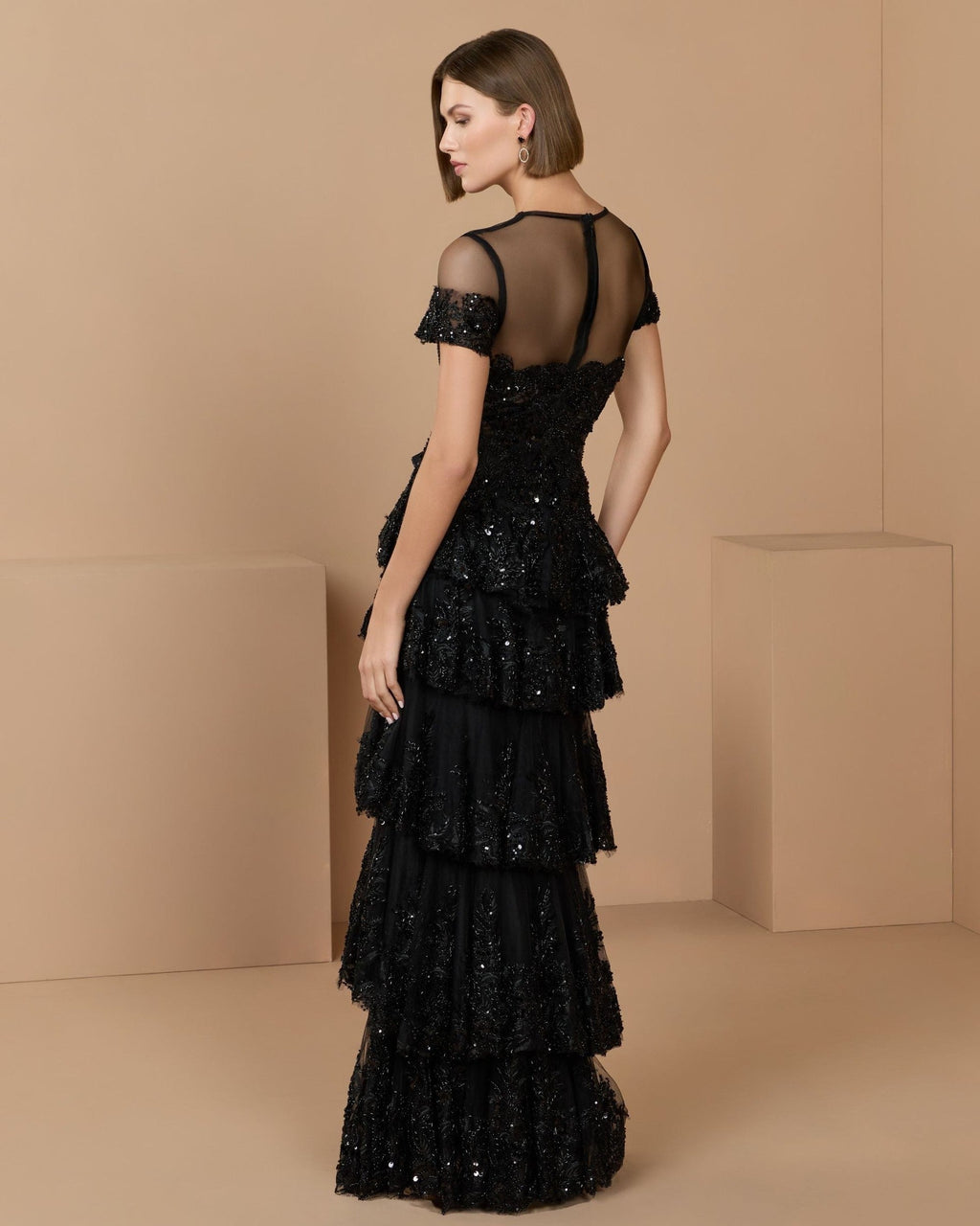 Black Embellished High Neck Gown With Tiered Ruffle Skirt