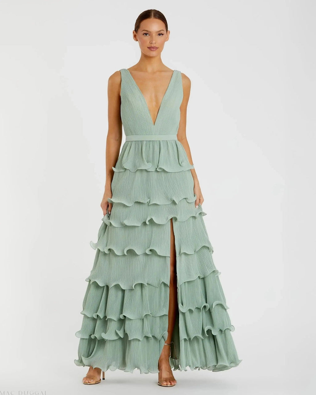 Green Sleeveless Ruffle Tiered V Neck Gown