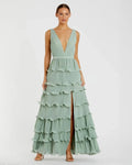 Green Sleeveless Ruffle Tiered V Neck Gown