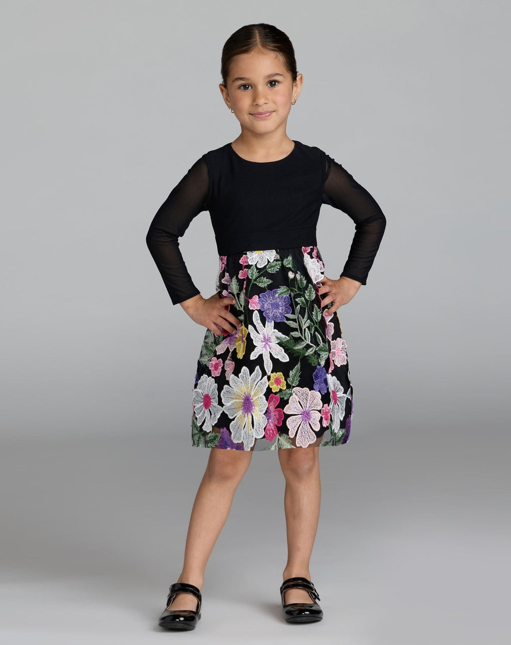 Girls Black Long Sleeve Floral Embroidered Dress