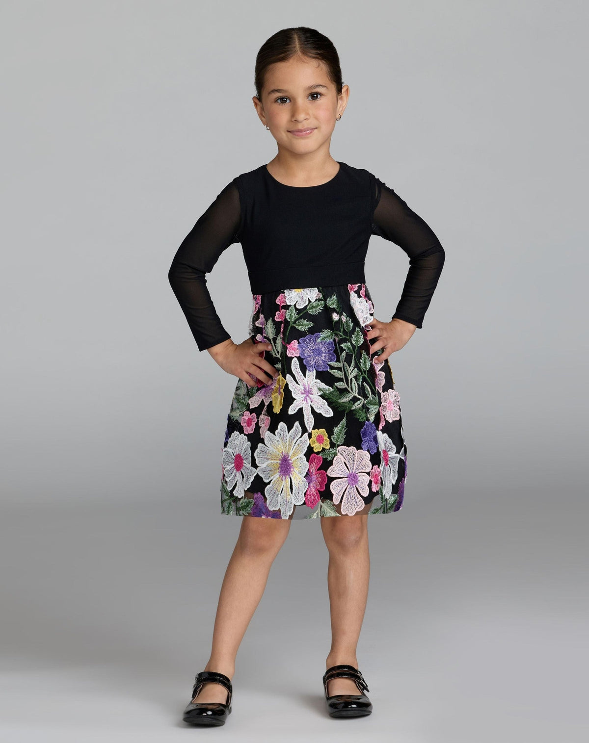 Girls Black Long Sleeve Floral Embroidered Dress