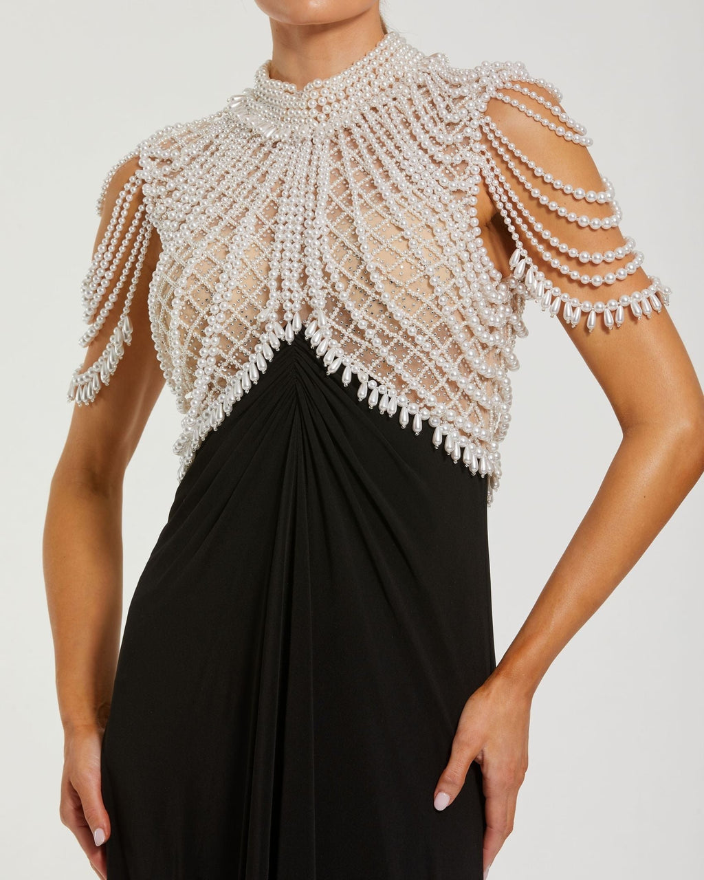 Black High Neck Pearl Embellished Jersey Gown
