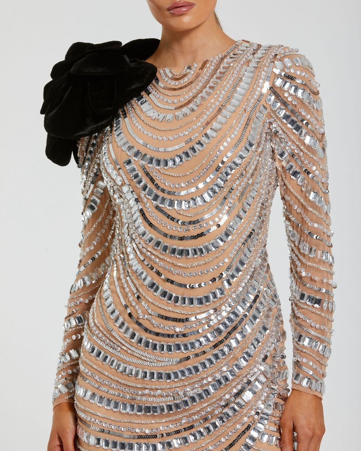 Silver Nude Long Sleeve Embellished Mini Dress With Velvet Flower