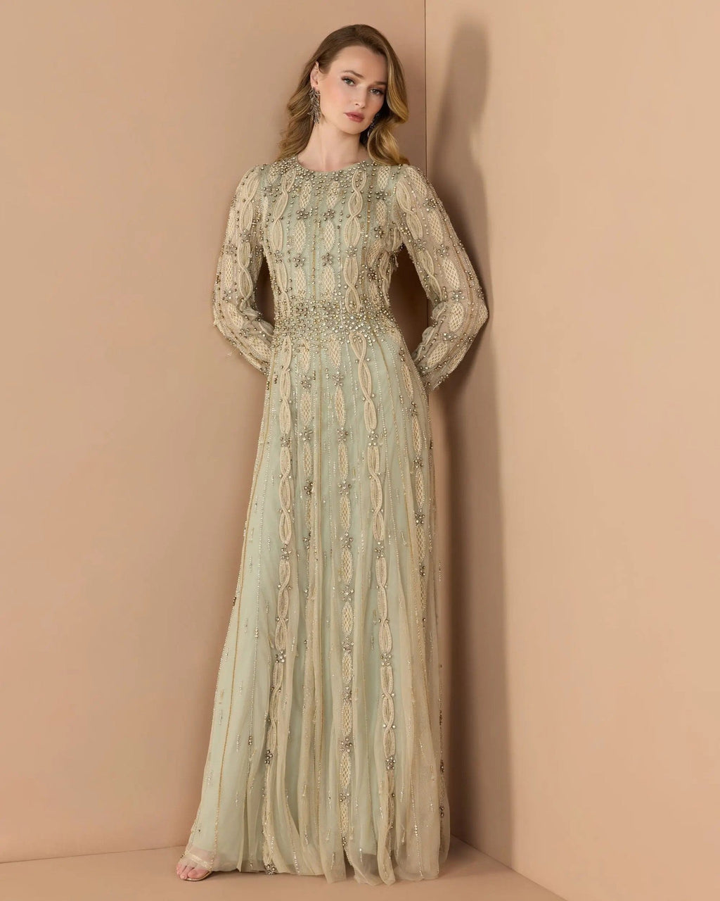 Nude Sage Embellished Long Sleeve A-Line Gown