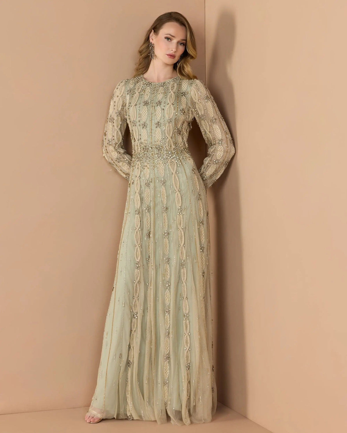 Nude Sage Embellished Long Sleeve A-Line Gown