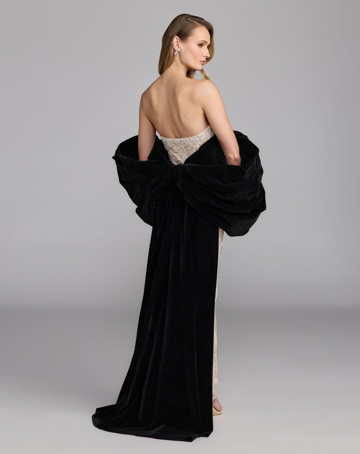 Black Cream Strapless Embellished Dress With Velvet Bow