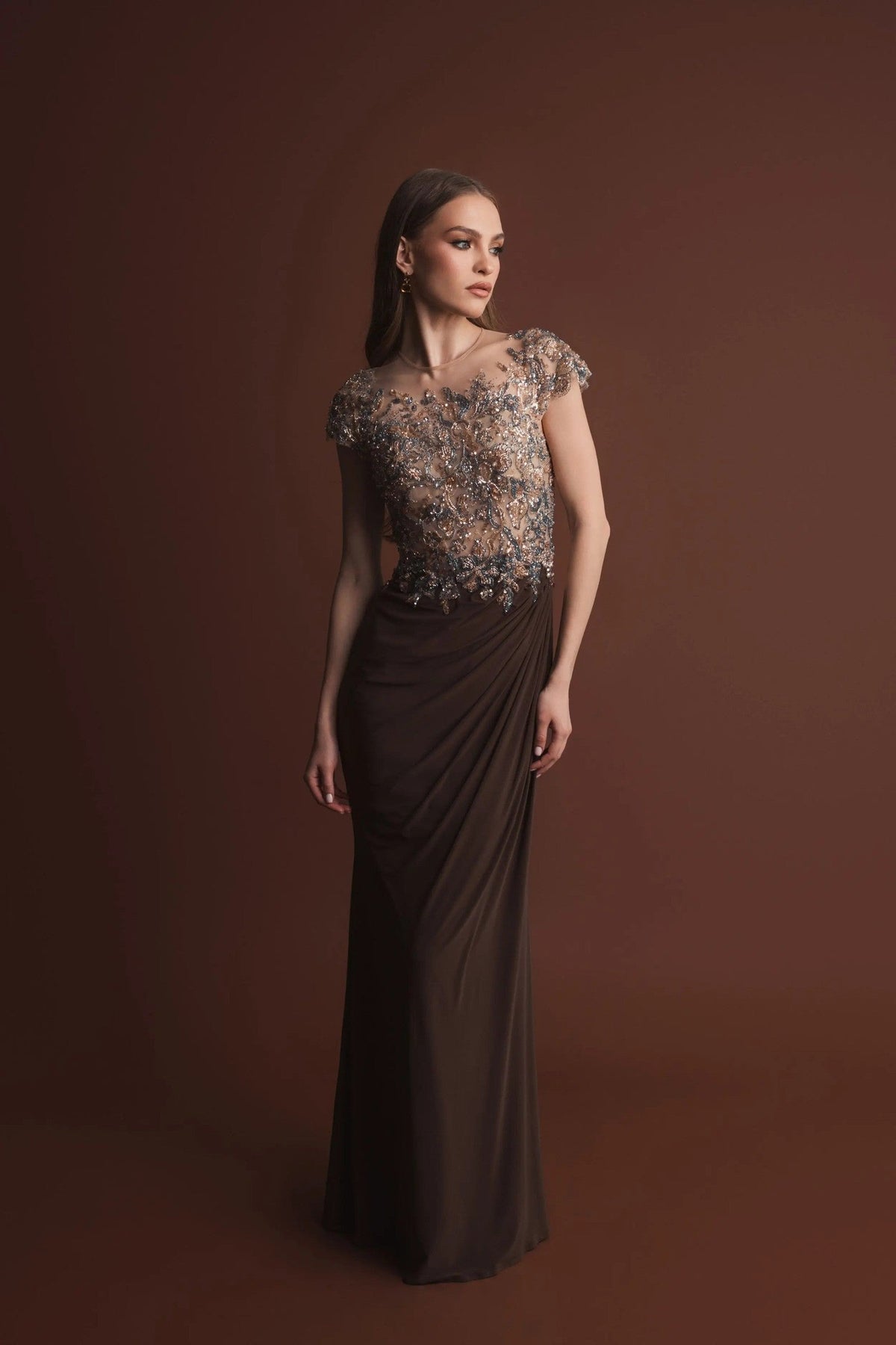 Chocolate Illusion High Neck Embellished Jersey Gown