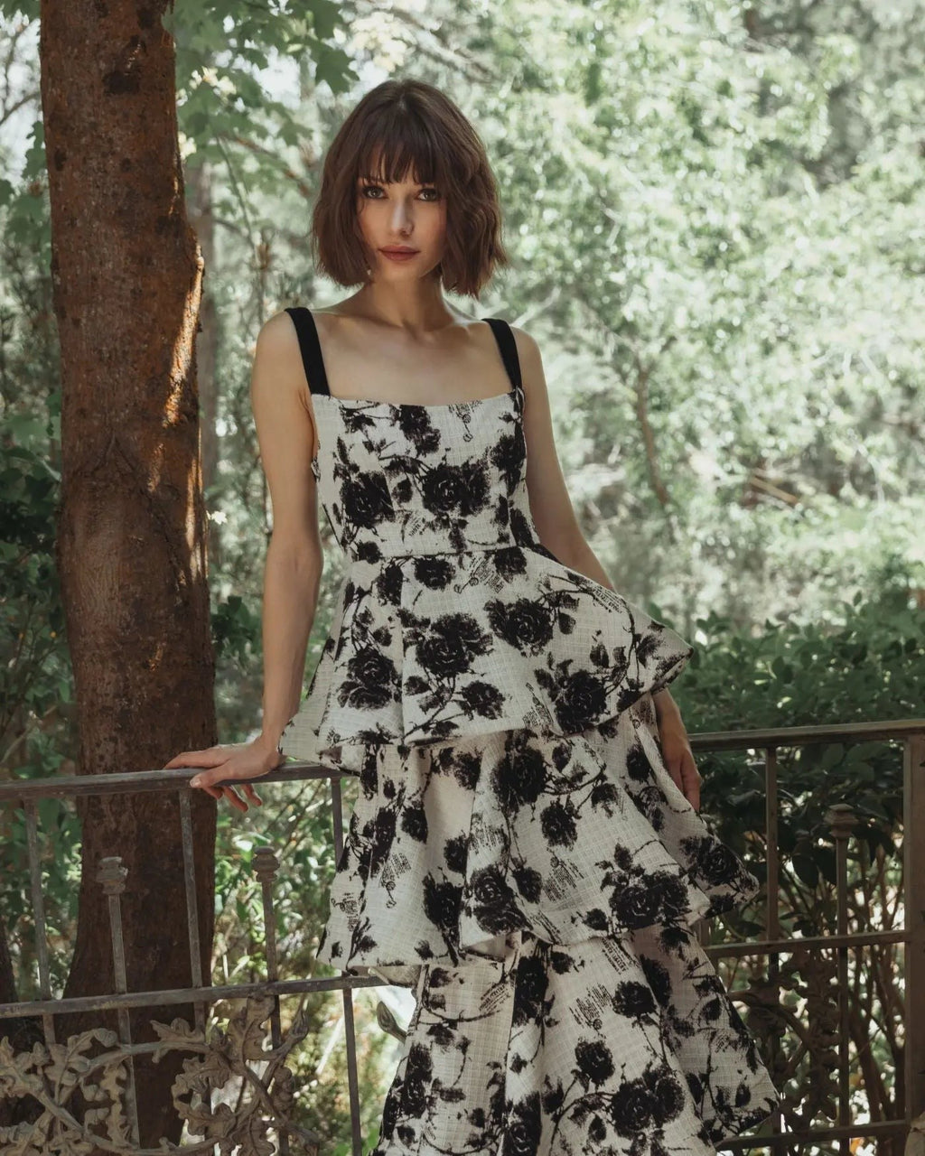 Black Ivory Floral Boucle Tiered Ruffle Gown