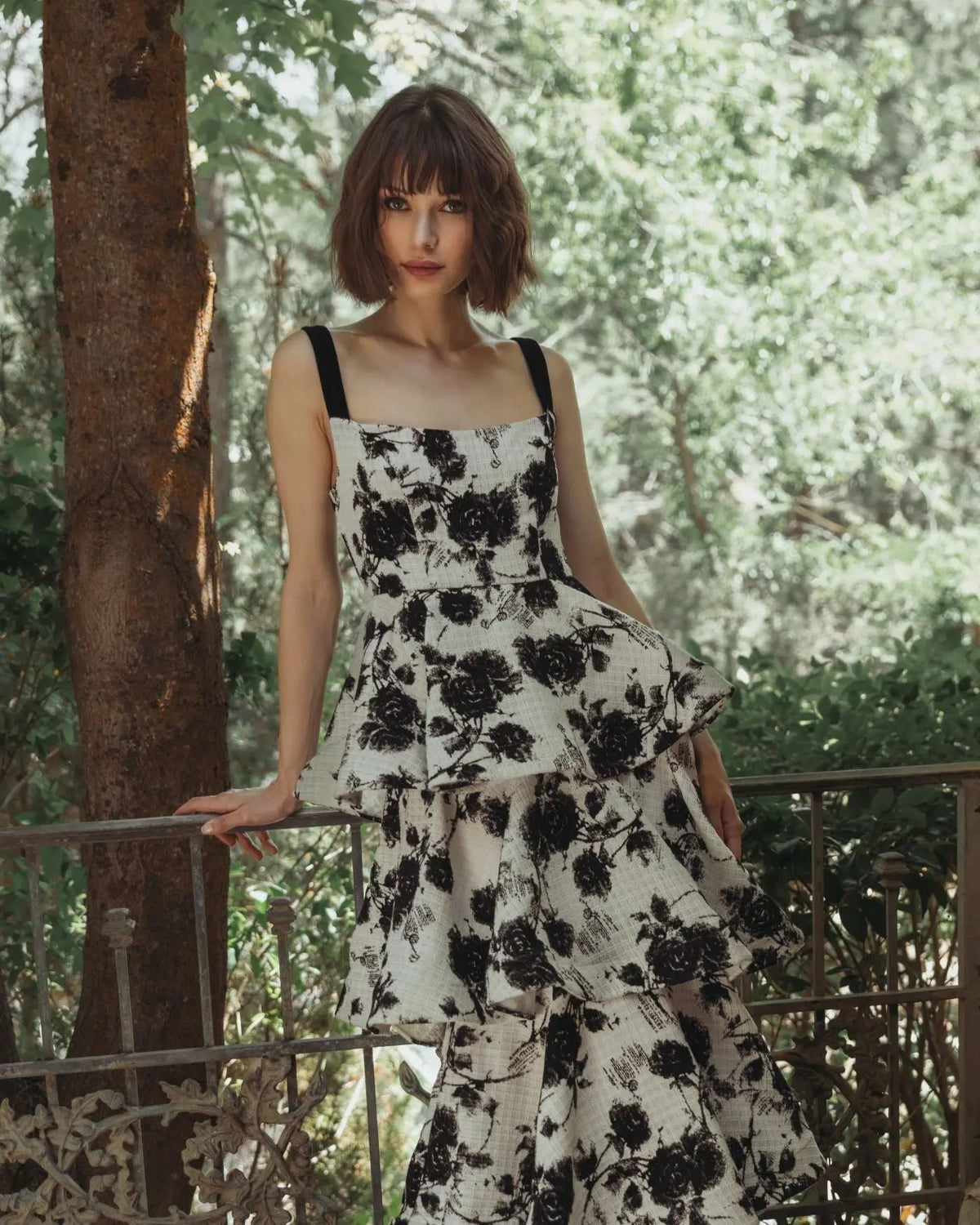 Black Ivory Floral Boucle Tiered Ruffle Gown