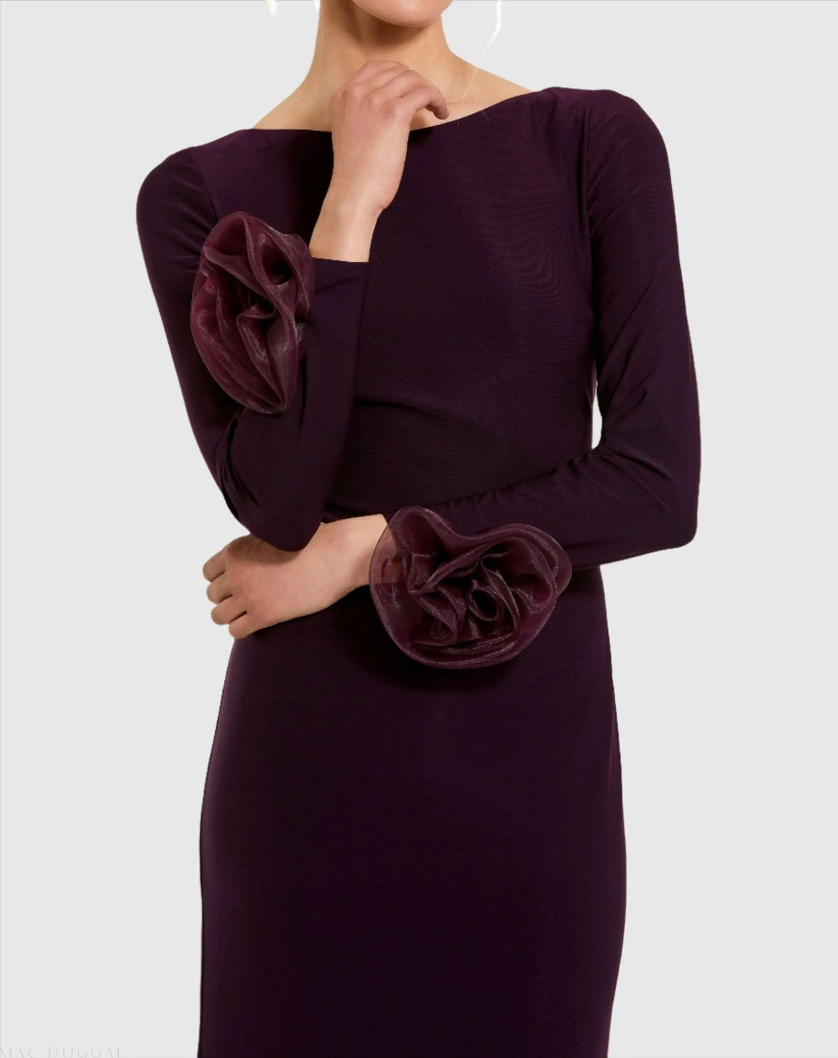 Purple Long Sleeve Fitted Jersey Gown With 3D Flowers