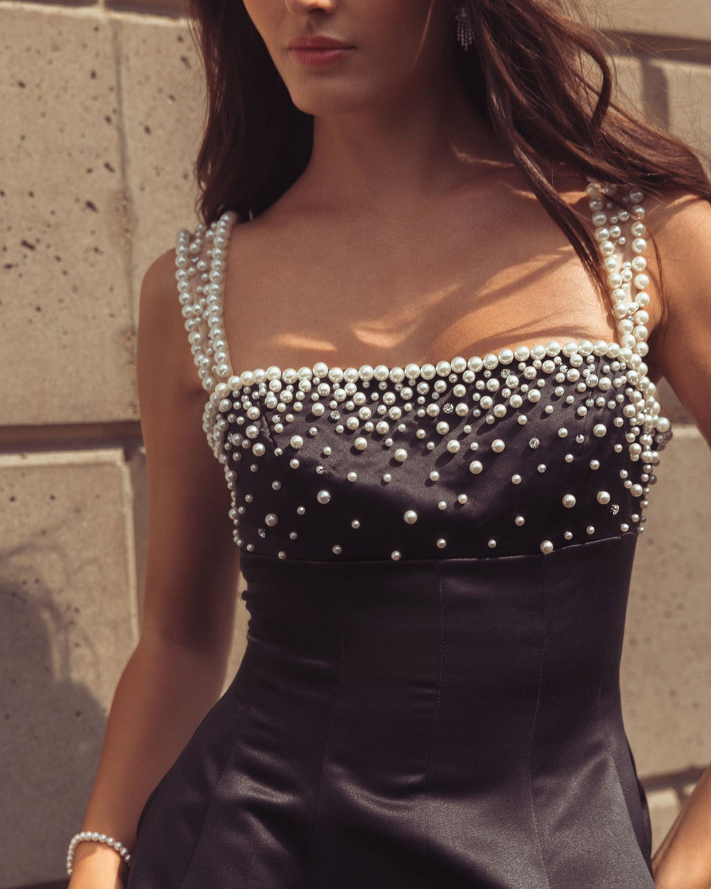 Black Pearl Embellished Satin Mini Dress