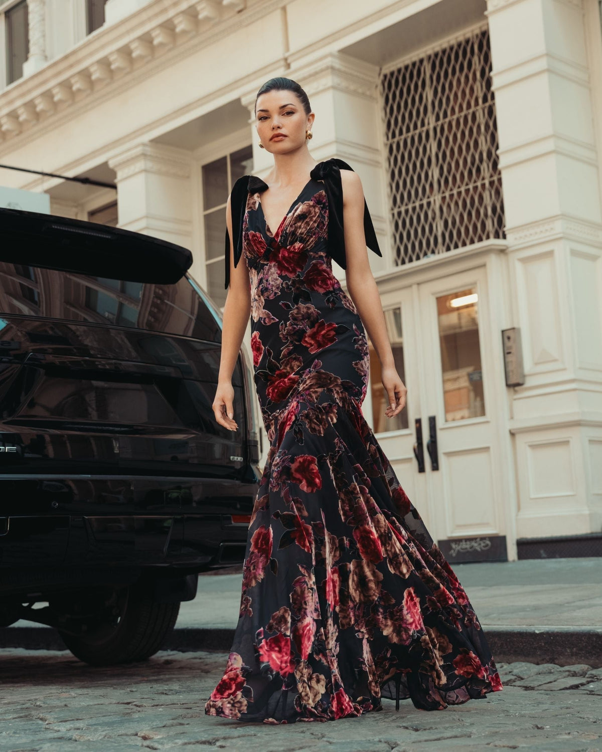 Black Floral Velvet Mermaid Gown With Bows
