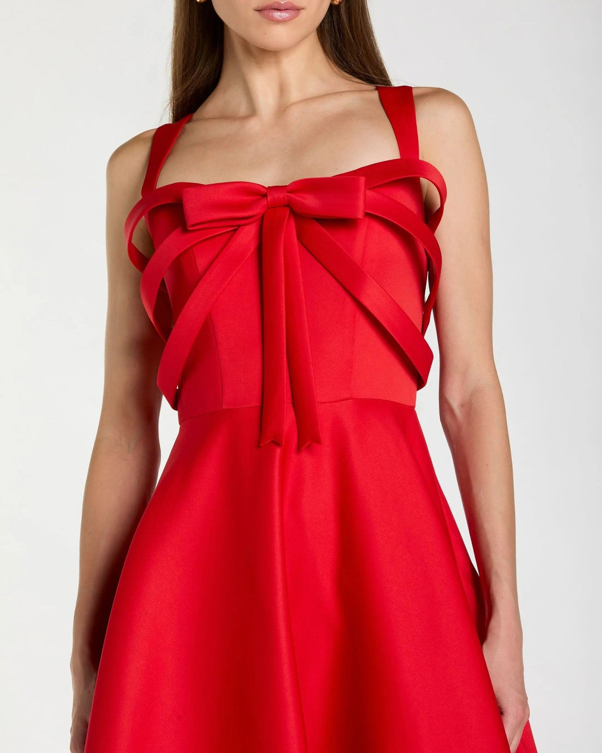 Red Satin Bow Bodice Midi Dress