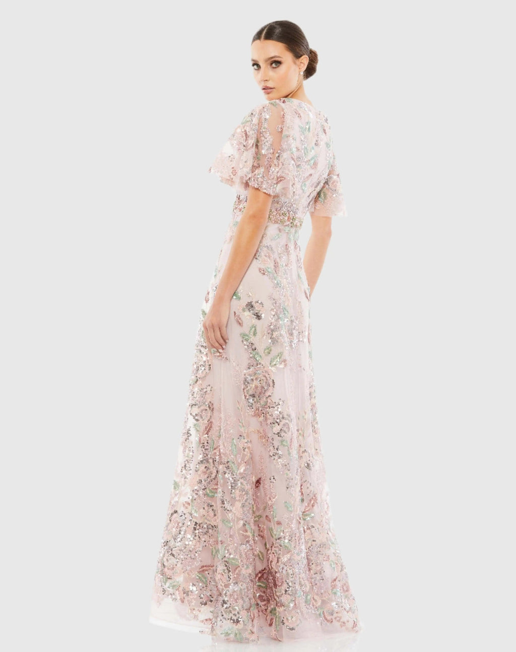 Pink Floral Embellished Short Sleeve Gown