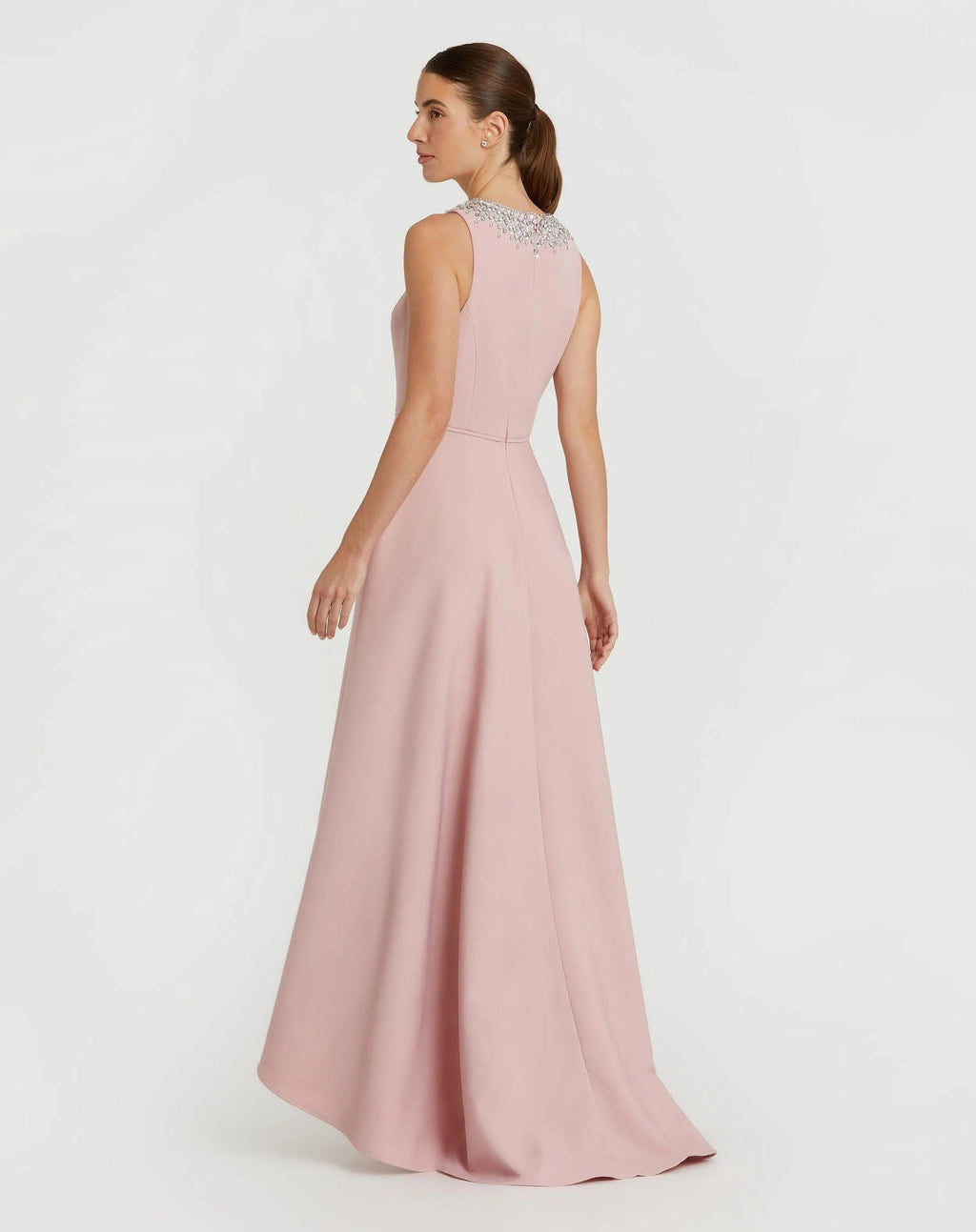 Blush Crepe Embellished Neck High Low Gown