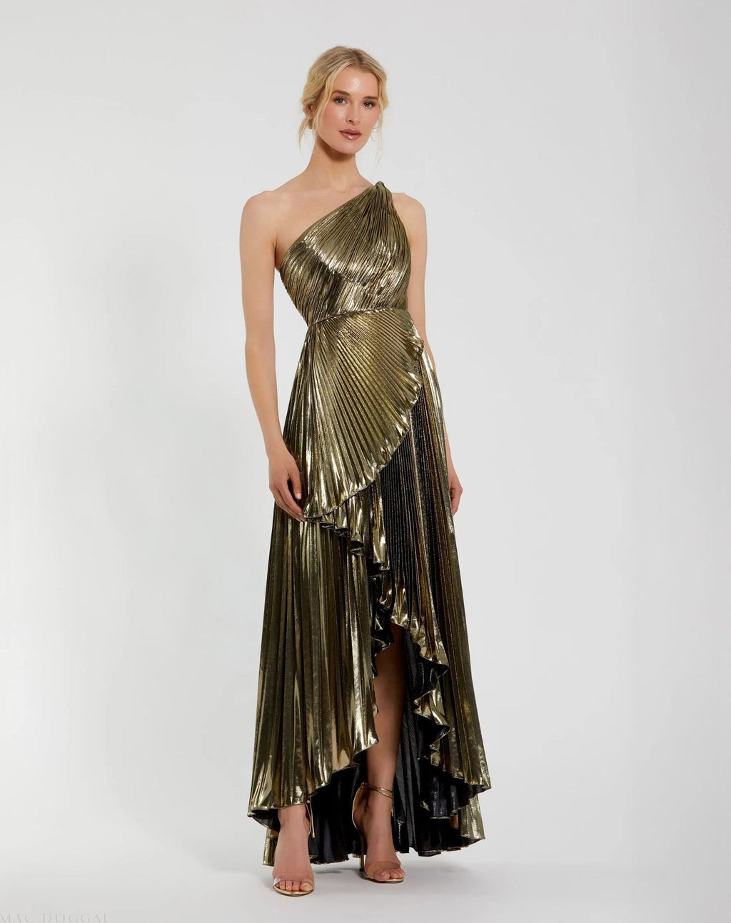 Gold Metallic Pleated One Shoulder Gown