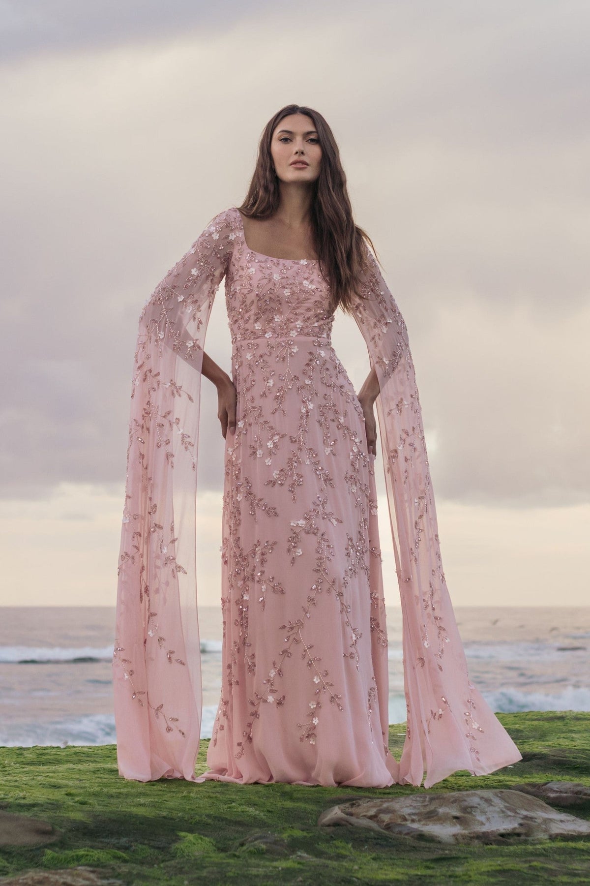 Rose Floral Embellished Cape Sleeve Gown