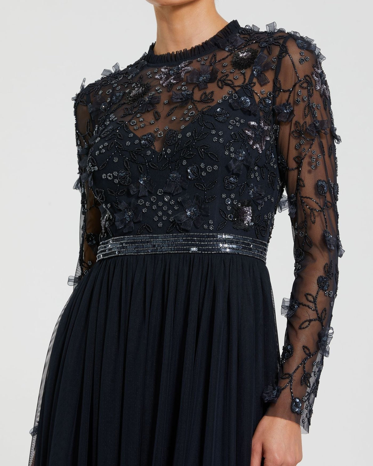 Petite Midnight Embellished Illusion High Neck Long Sleeve Gown