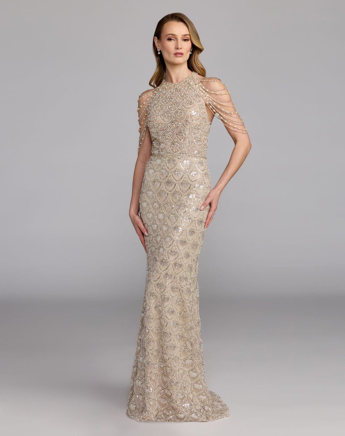 Cream Nude Draped Pearl Embellished Column Gown