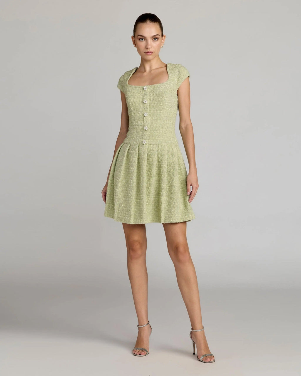Sage Tweed Cap Sleeve Pleated Mini Dress