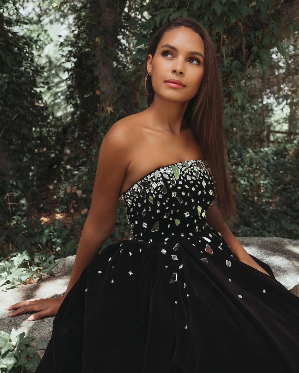 Black Embellished Velvet Strapless A-Line Maxi Dress