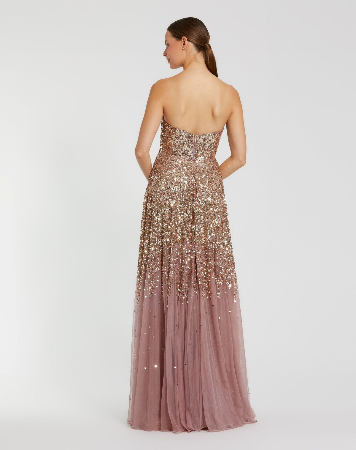 Gold Amethyst Strapless Sweetheart Neck Sequin Ombre Gown