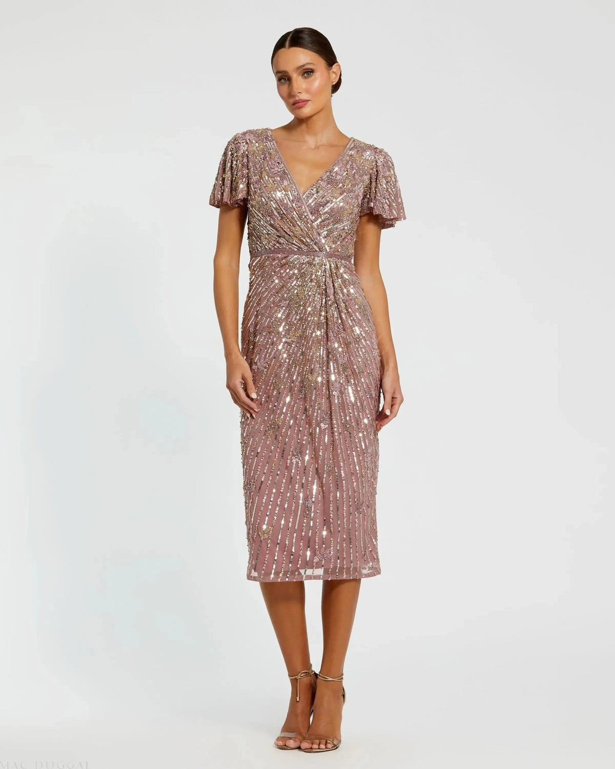 Purple Embellished Faux Wrap Flutter Sleeve Dress