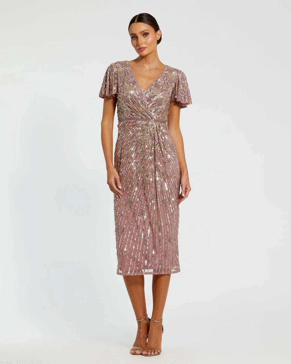 Embellished Faux Wrap Flutter Sleeve Dress