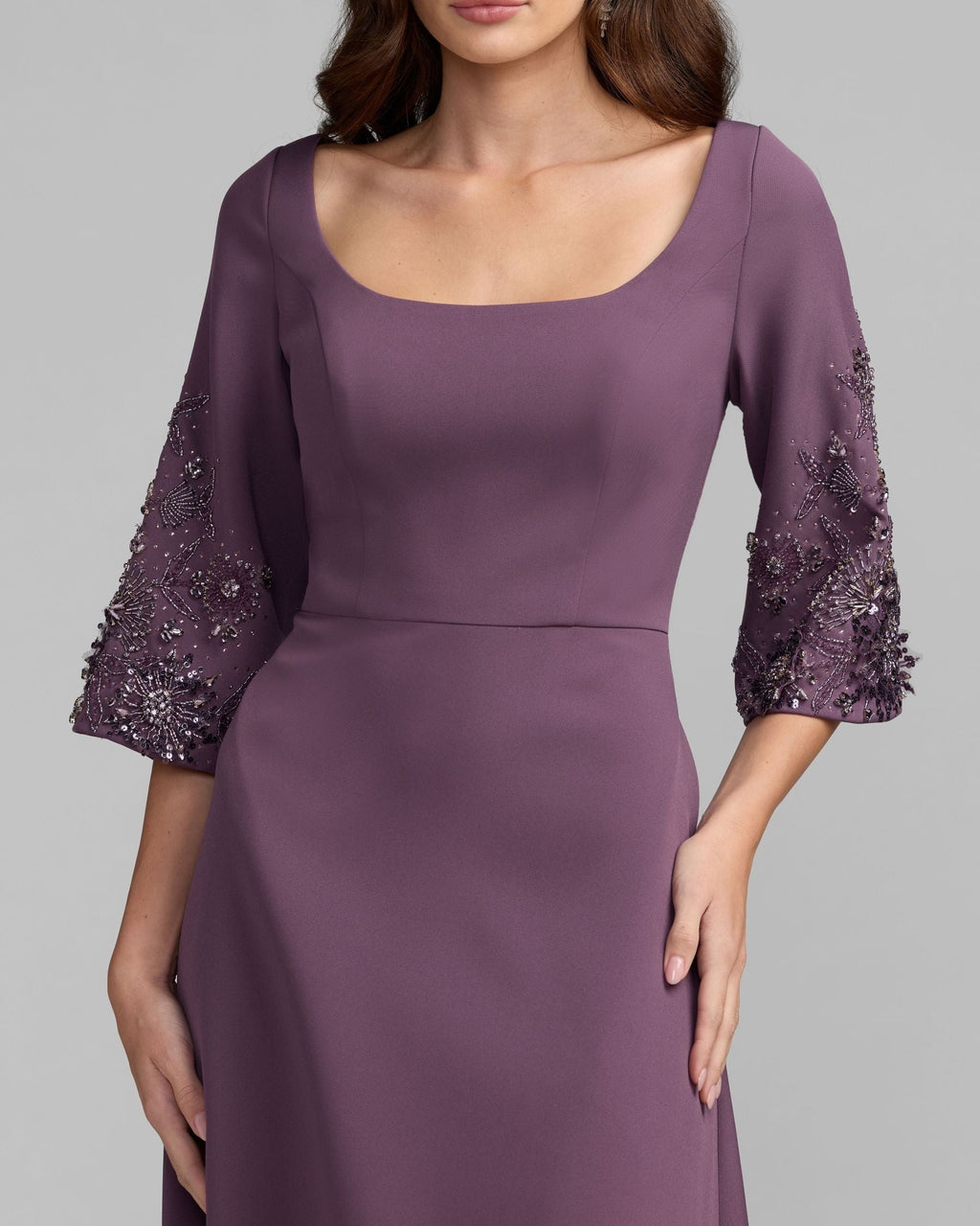 Eggplant Crepe Gown With Floral Embellished Sleeves
