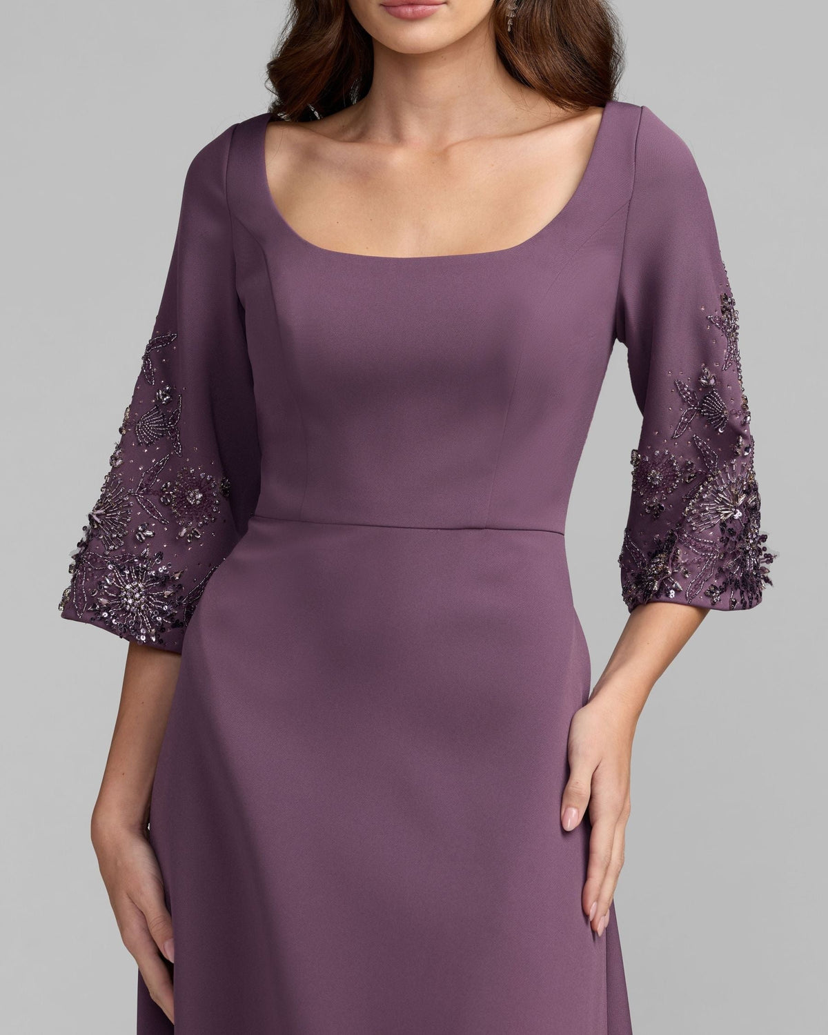 Eggplant Crepe Gown With Floral Embellished Sleeves