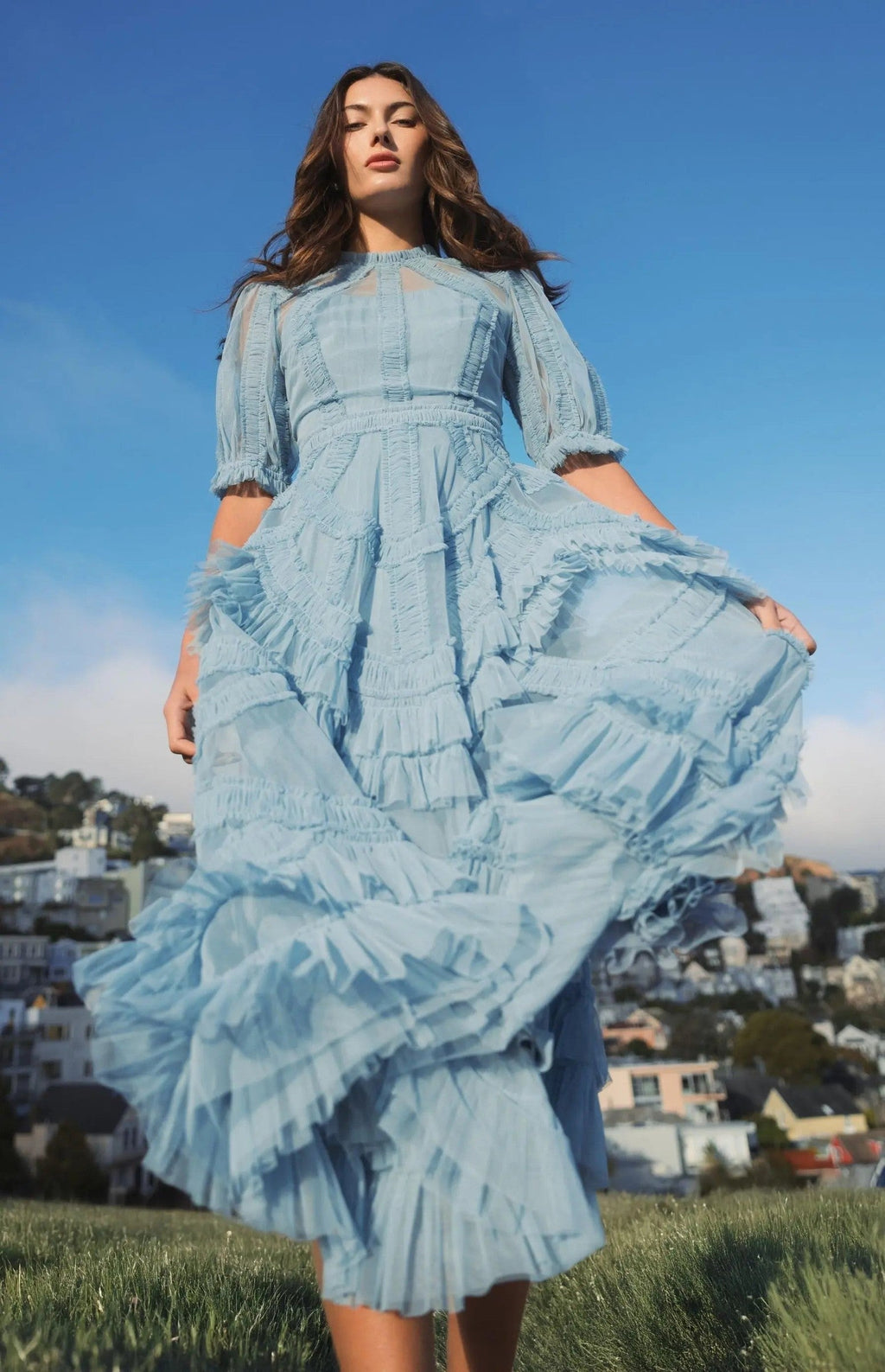 Blue High Neck Ruffle Tiered A-Line Midi Dress