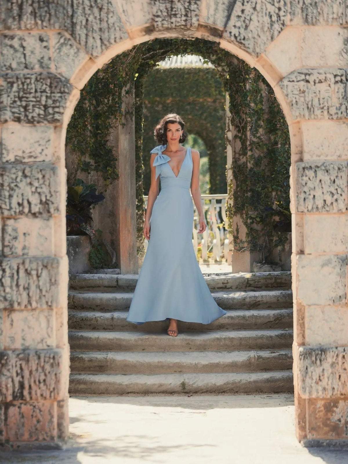 Powder Blue Sleeveless V Neck Bow Detail Mermaid Gown