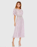 Purple High Neck Embellished Flutter Sleeve Midi Dress