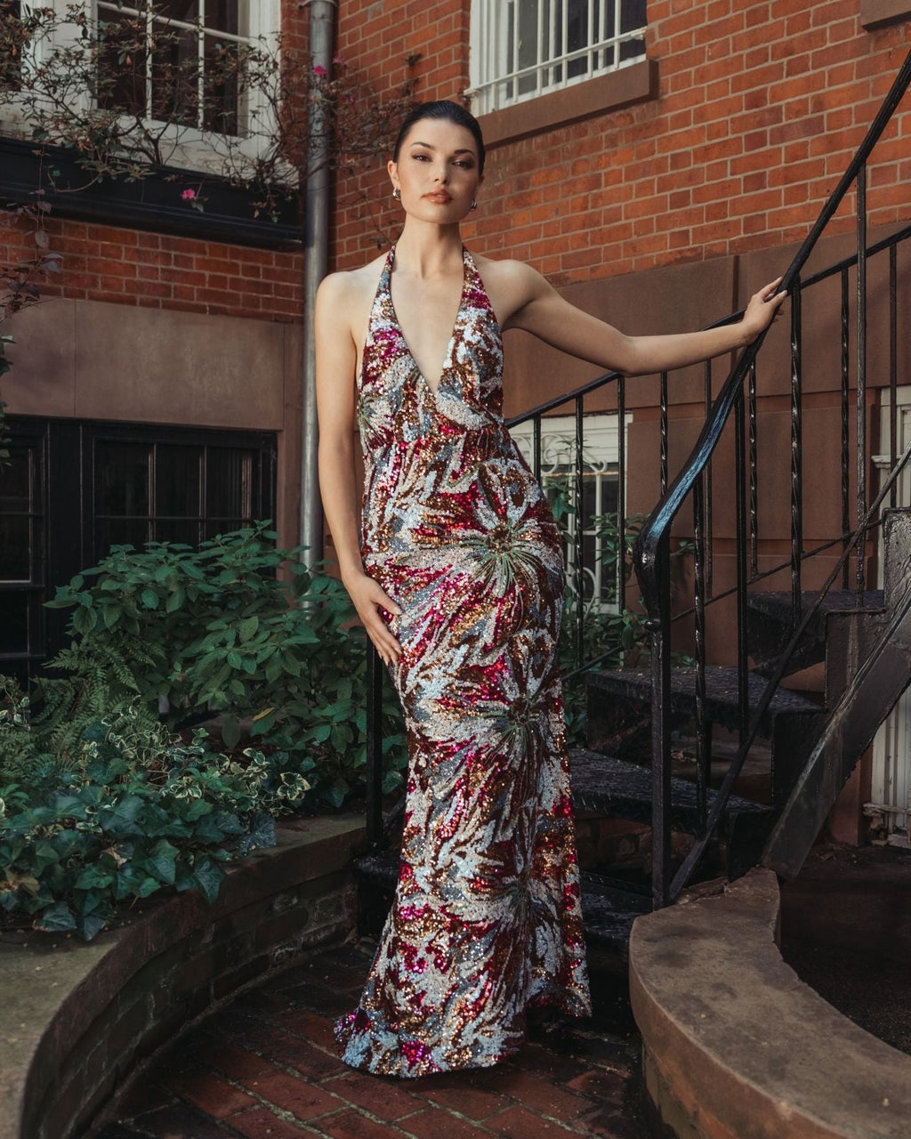 Berry Multi Floral Sequin Sleeveless Open Back Gown