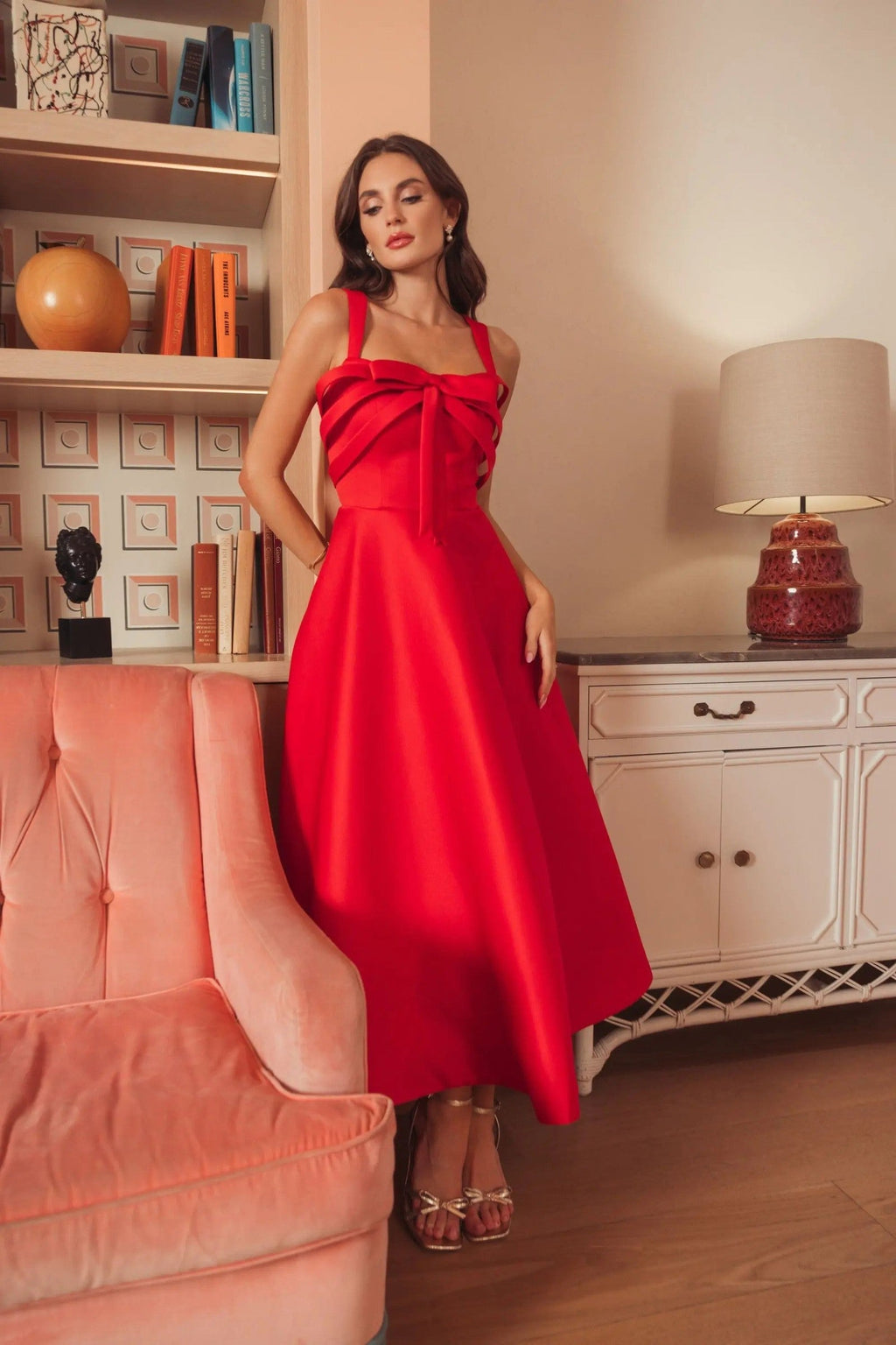 Red Satin Bow Bodice Midi Dress