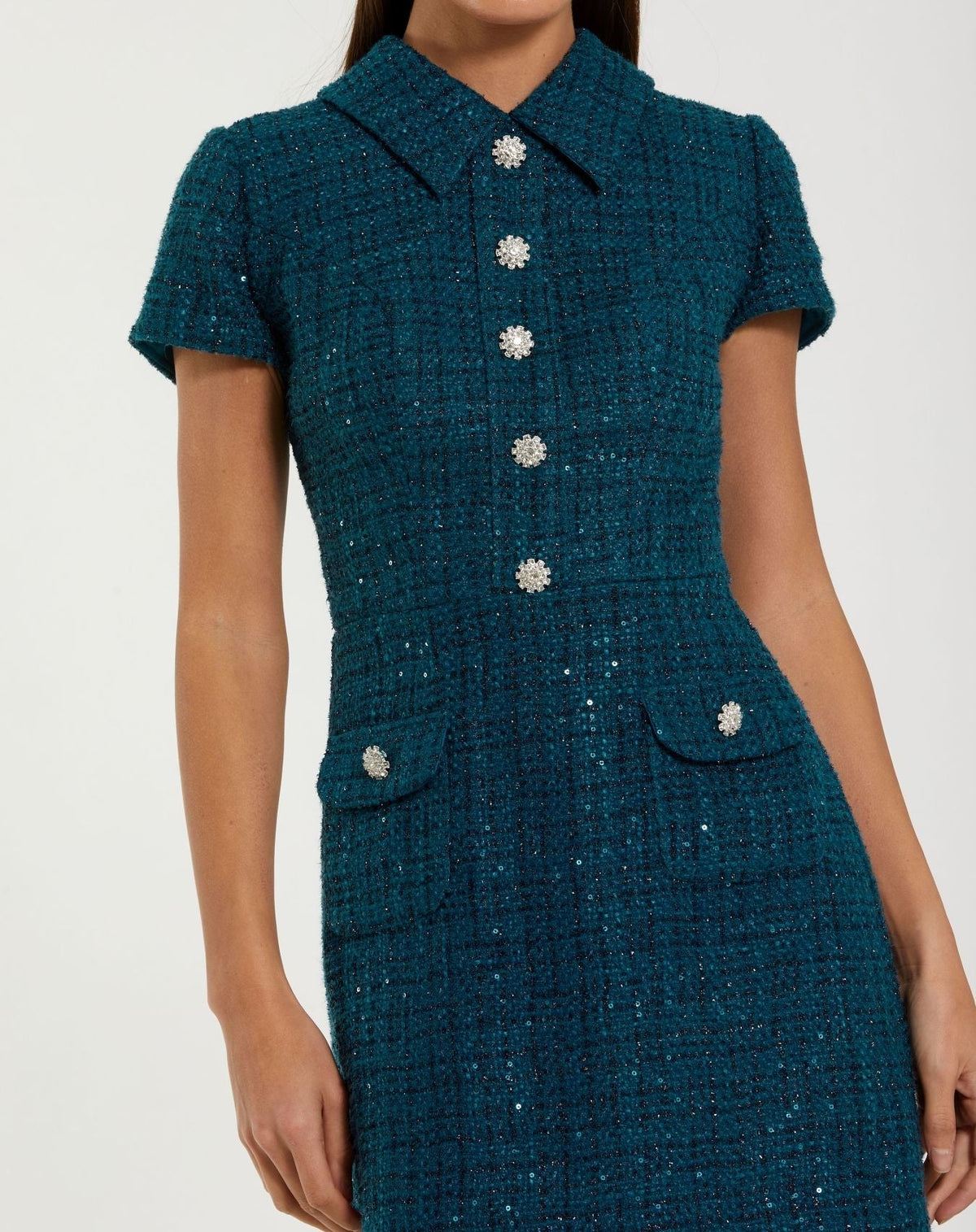 Teal Short Sleeve Collared Boucle Mini Dress